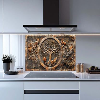Fox Wisdom Tree – Tempered Glass Backsplash | Tree of Life with Forest Animals Backsplash