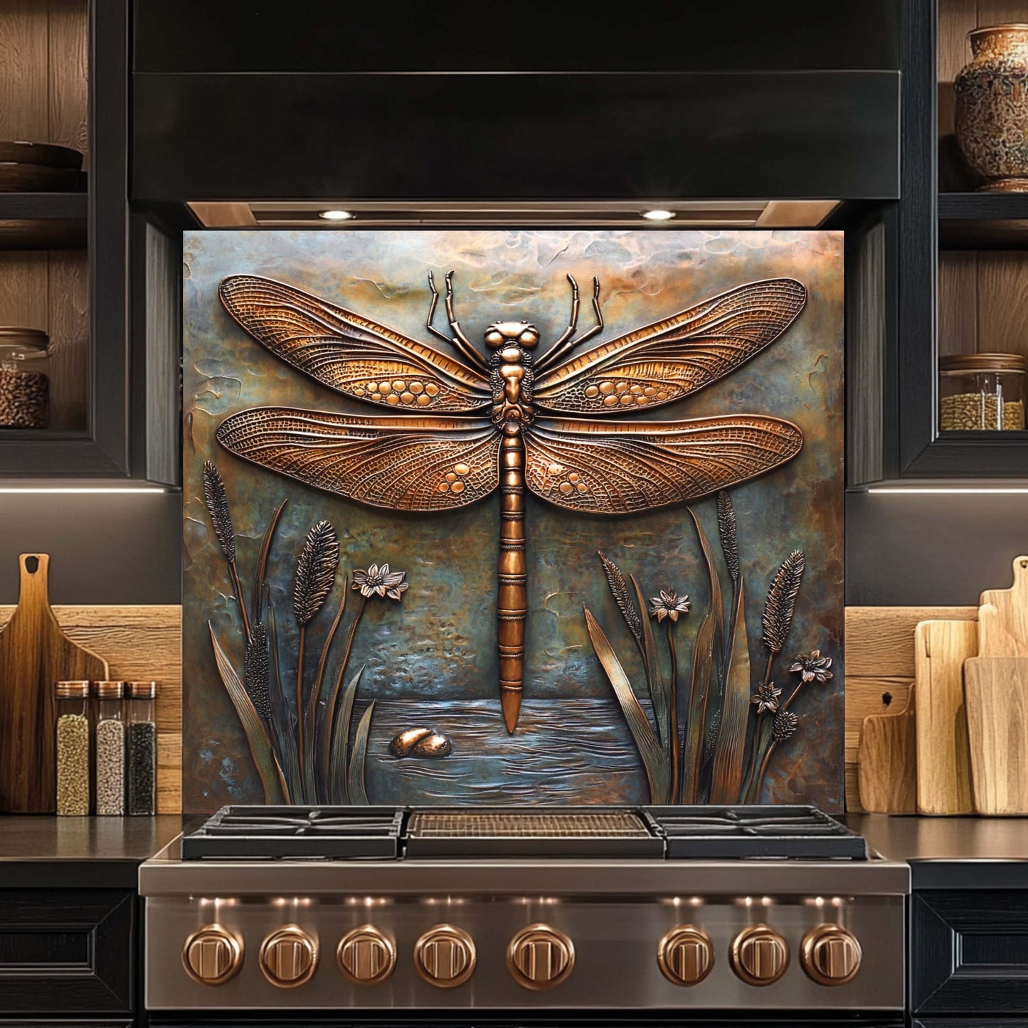 Copper Look Dragonfly Tempered Glass Backsplash – Metallic Finish Kitchen Backsplash