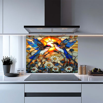 Sunset Song – Tempered Glass Backsplash for Kitchen Stove | Stained Glass Birds Backsplash