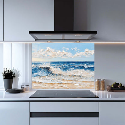 Coastal Foam – Tempered Glass Backsplash for Kitchen | Textured Ocean Wave Beach Backsplash