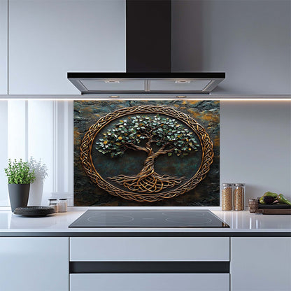 Golden Canopy – Tree of Life Tempered Glass Backsplash | Celtic Copper Look Backsplash