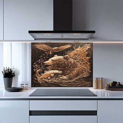 Wild Hunt – Tempered Glass Backsplash for Kitchen Stove | Bear Catching Fish in River Scene