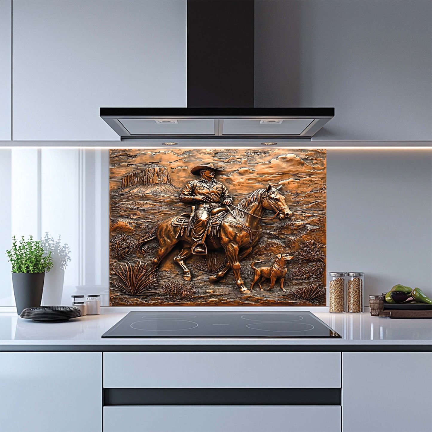 Copper Look Cowboy Tempered Glass Backsplash – Western Kitchen Backsplash Behind Stove