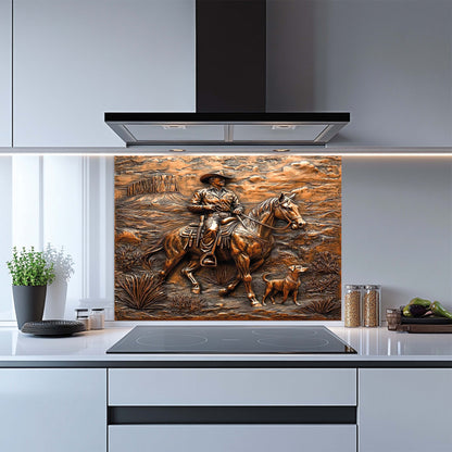 Copper Look Cowboy Tempered Glass Backsplash – Western Kitchen Backsplash Behind Stove