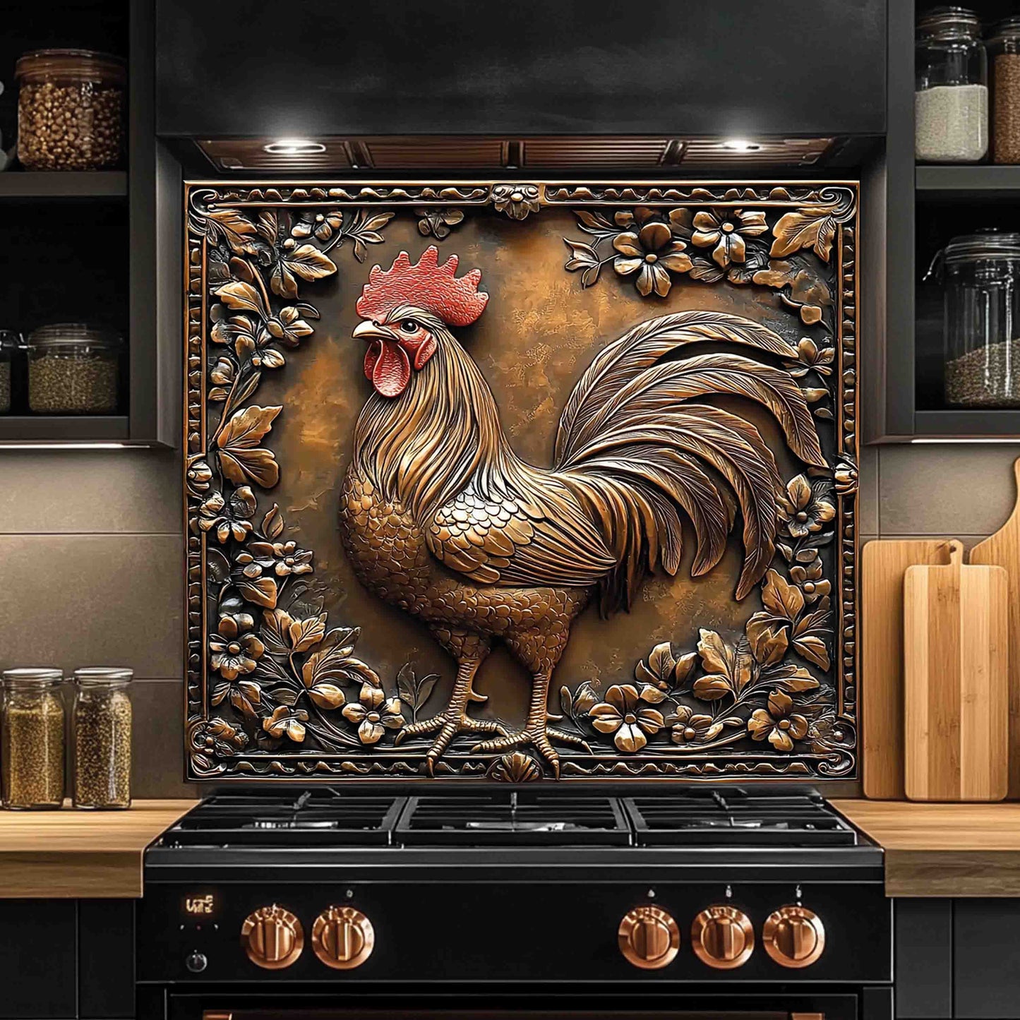 Rooster Copper Look– Tempered Glass Backsplash for Rustic Kitchen