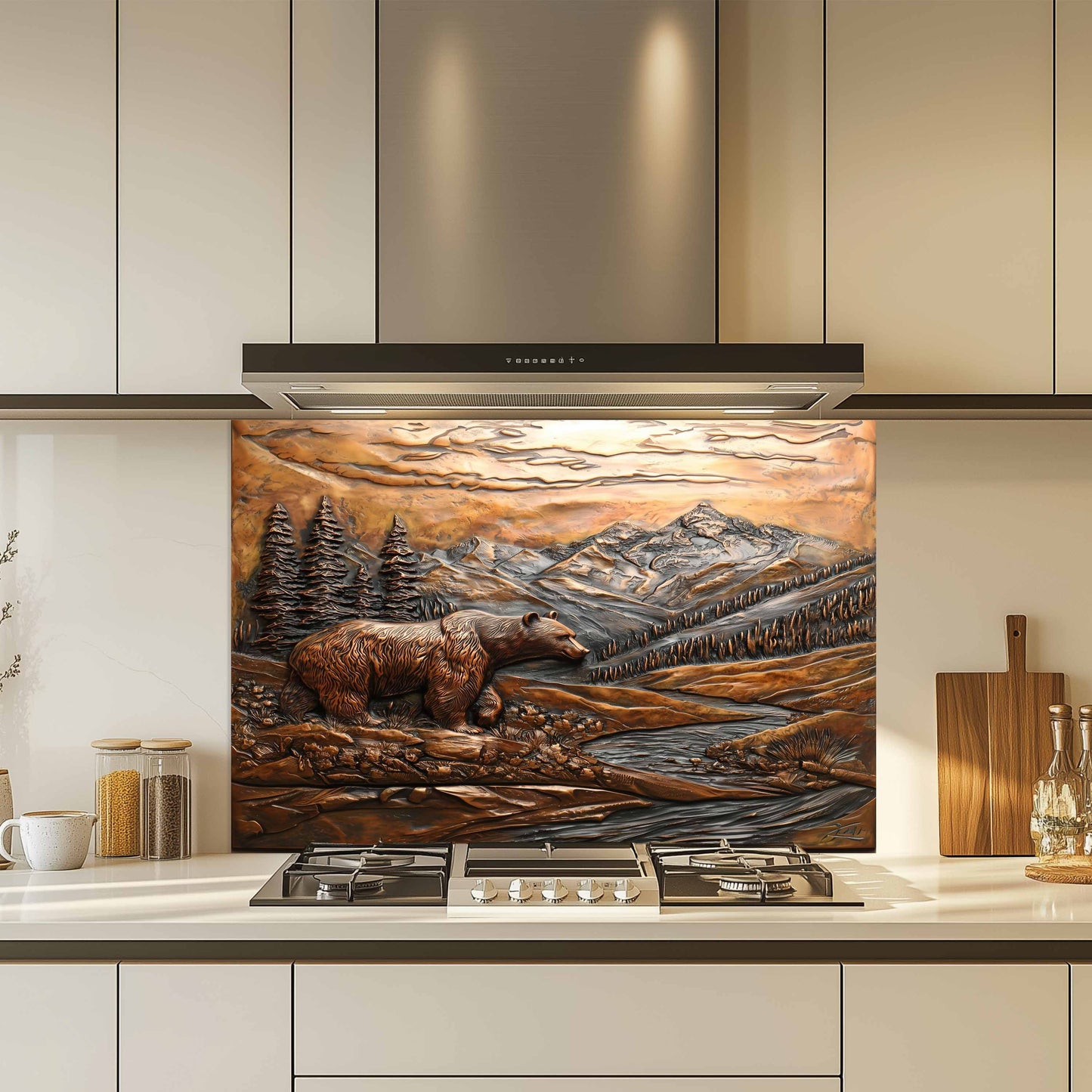 Bronze Grizzly Tempered Glass Backsplash – Mountain Bear Kitchen Backsplash Panel
