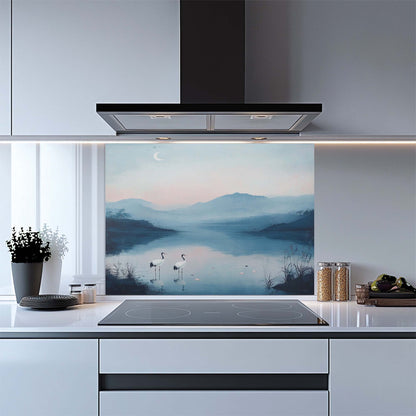 Moon Cranes – Tempered Glass Backsplash for Kitchen | Serene Lake Landscape Backsplash