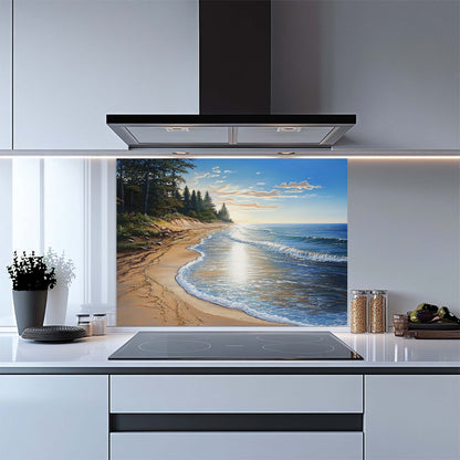 Pine Shore – Tempered Glass Backsplash for Kitchen | Coastal Pine Forest Landscape Backsplash