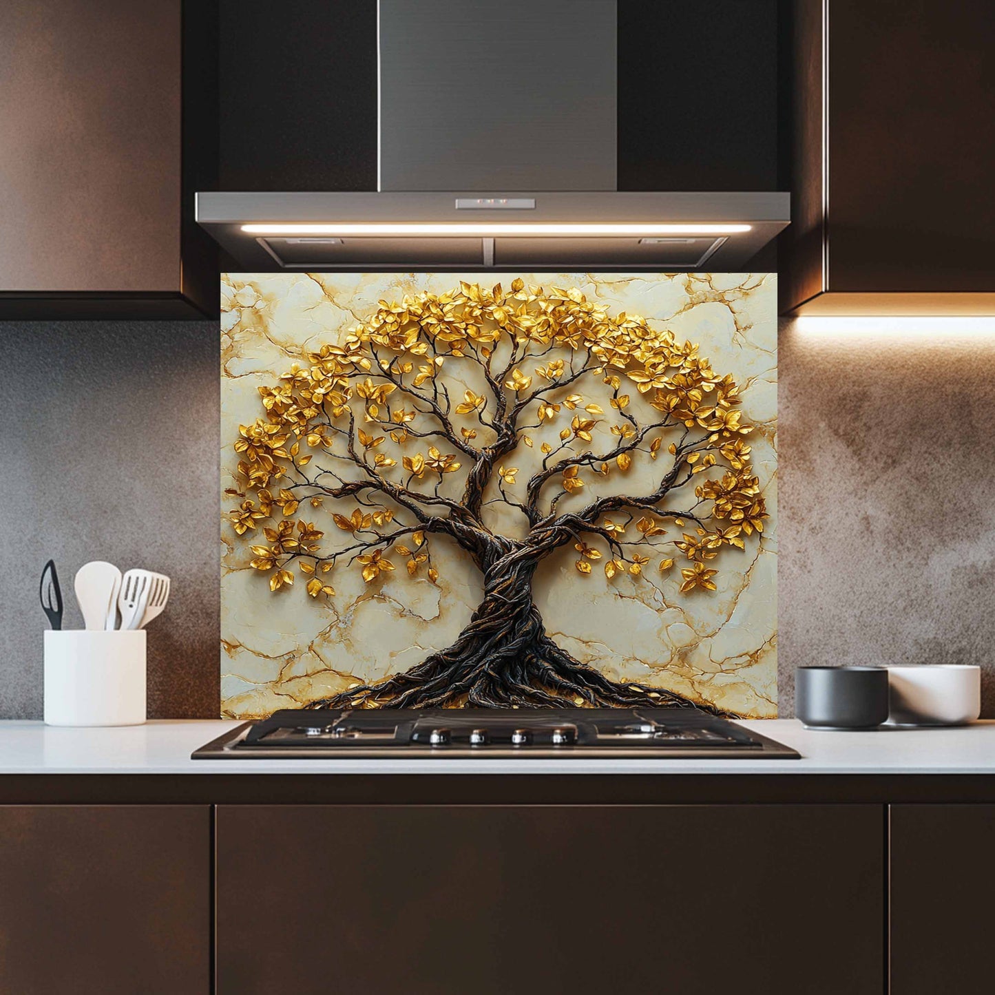 Tempered Glass Backsplash – Gold Marble Tree Kitchen Backsplash