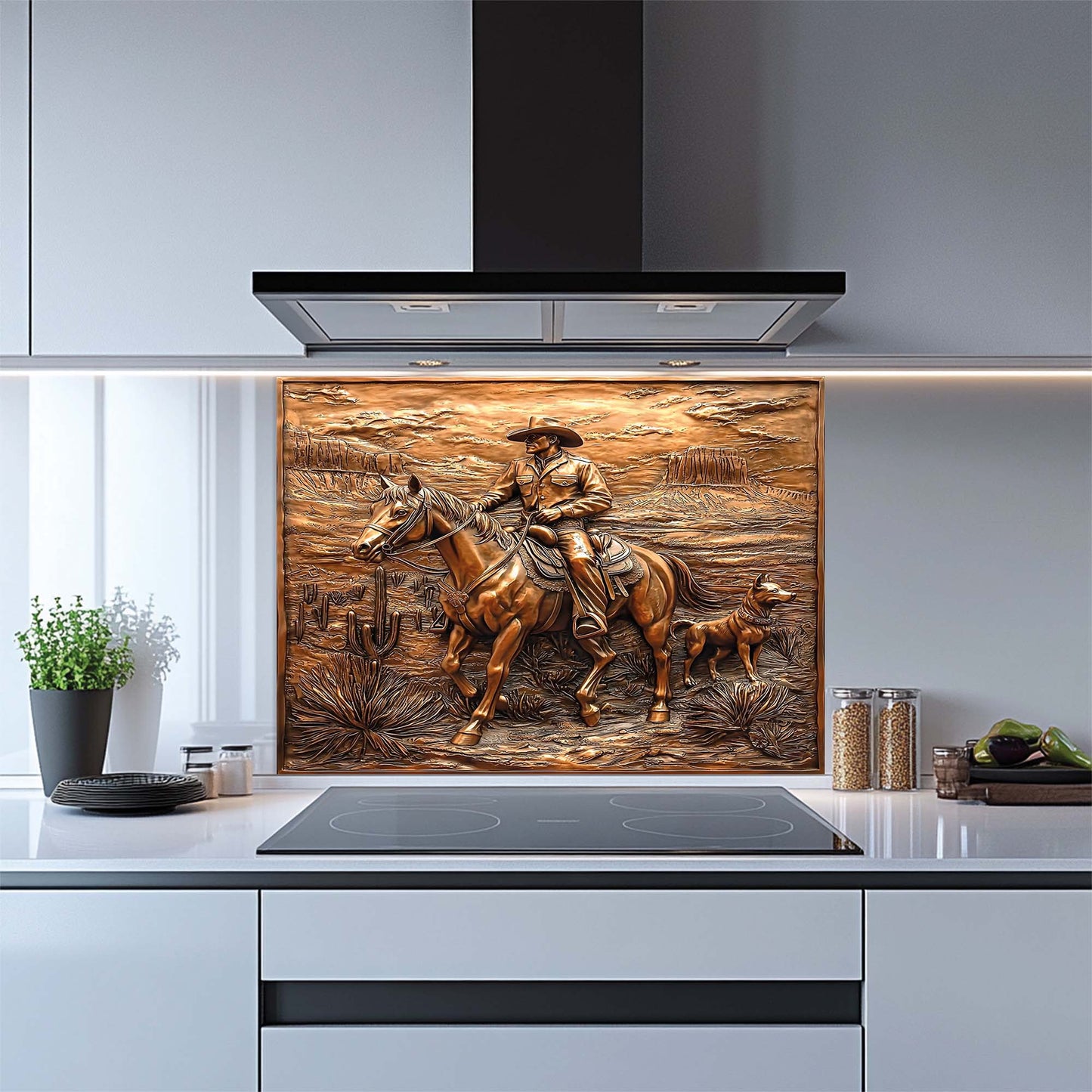 Cowboy Ride – Tempered Glass Backsplash for Kitchen | Horse Rider Copper Backsplash