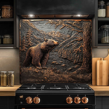 Mountain Whisper Tempered Glass Backsplash – Bear in Forest Kitchen Backsplash Panel