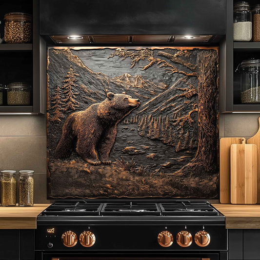 Mountain Whisper Tempered Glass Backsplash – Bear in Forest Kitchen Backsplash Panel