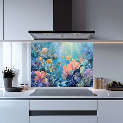 Aqua Garden – Tempered Glass Backsplash for Kitchen | Vibrant Ocean Fantasy Backsplash