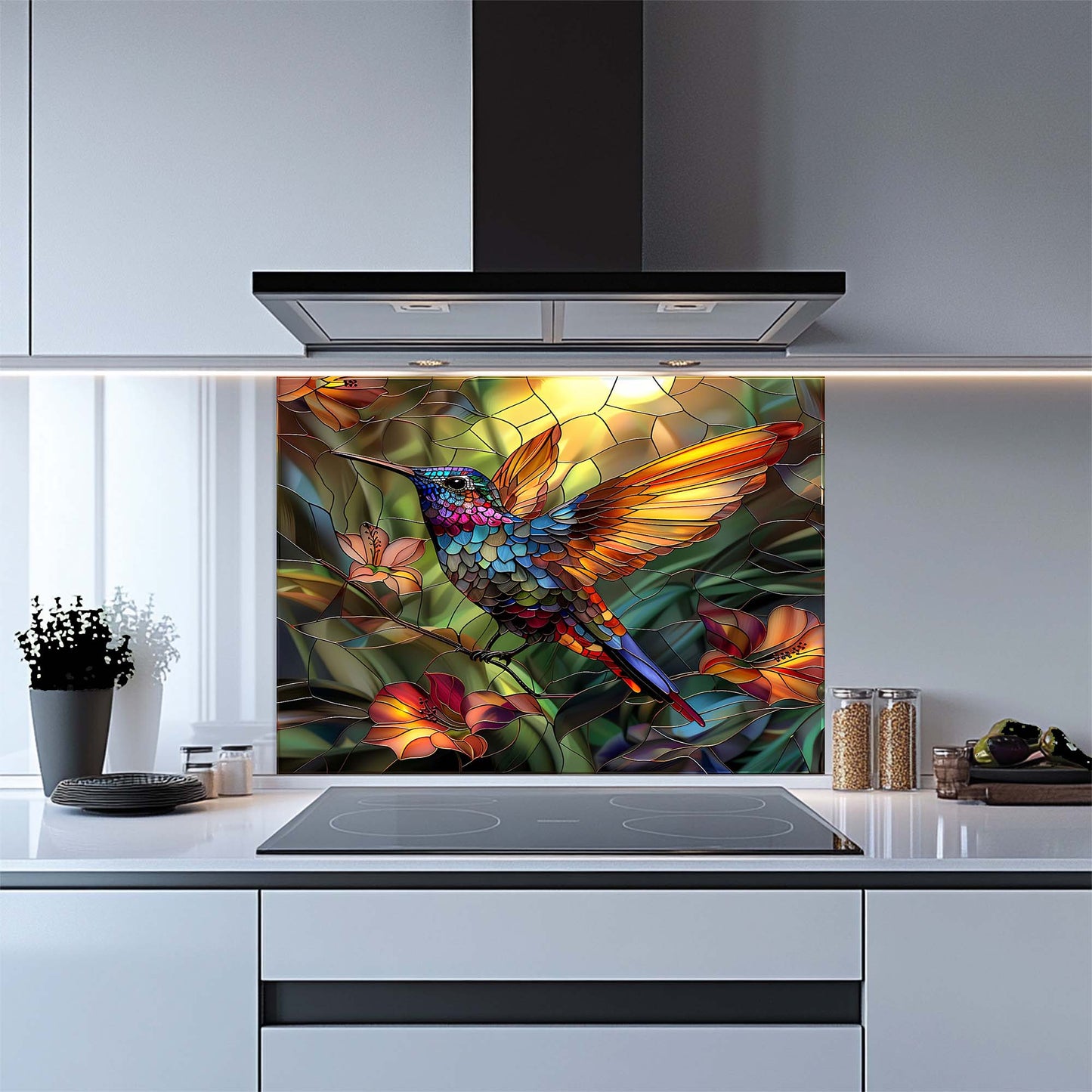 Tropical Hummingbird – Tempered Glass Backsplash for Kitchen | Colorful Bird Backsplash