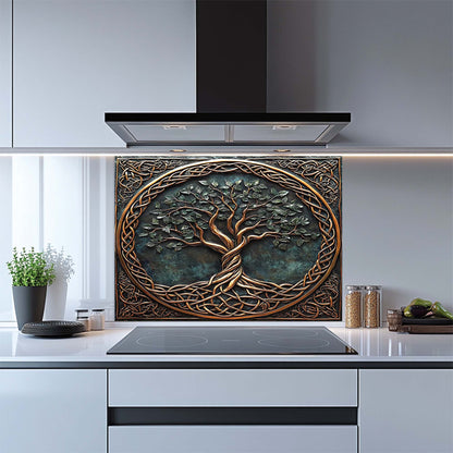 Celtic Roots – Tempered Glass Backsplash for Kitchen Stove | Tree of Life Copper Look Backsplash