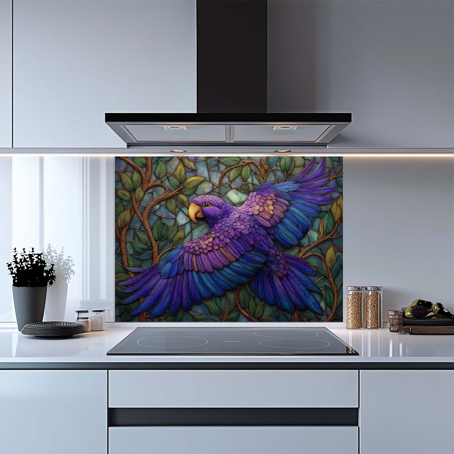 Azure Harmony – Tempered Glass Backsplash for Kitchen Stove | Purple Blue Bird Backsplash