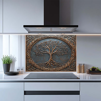 Bronze Roots Tempered Glass Backsplash – Tree of Life Copper Look Kitchen Backsplash