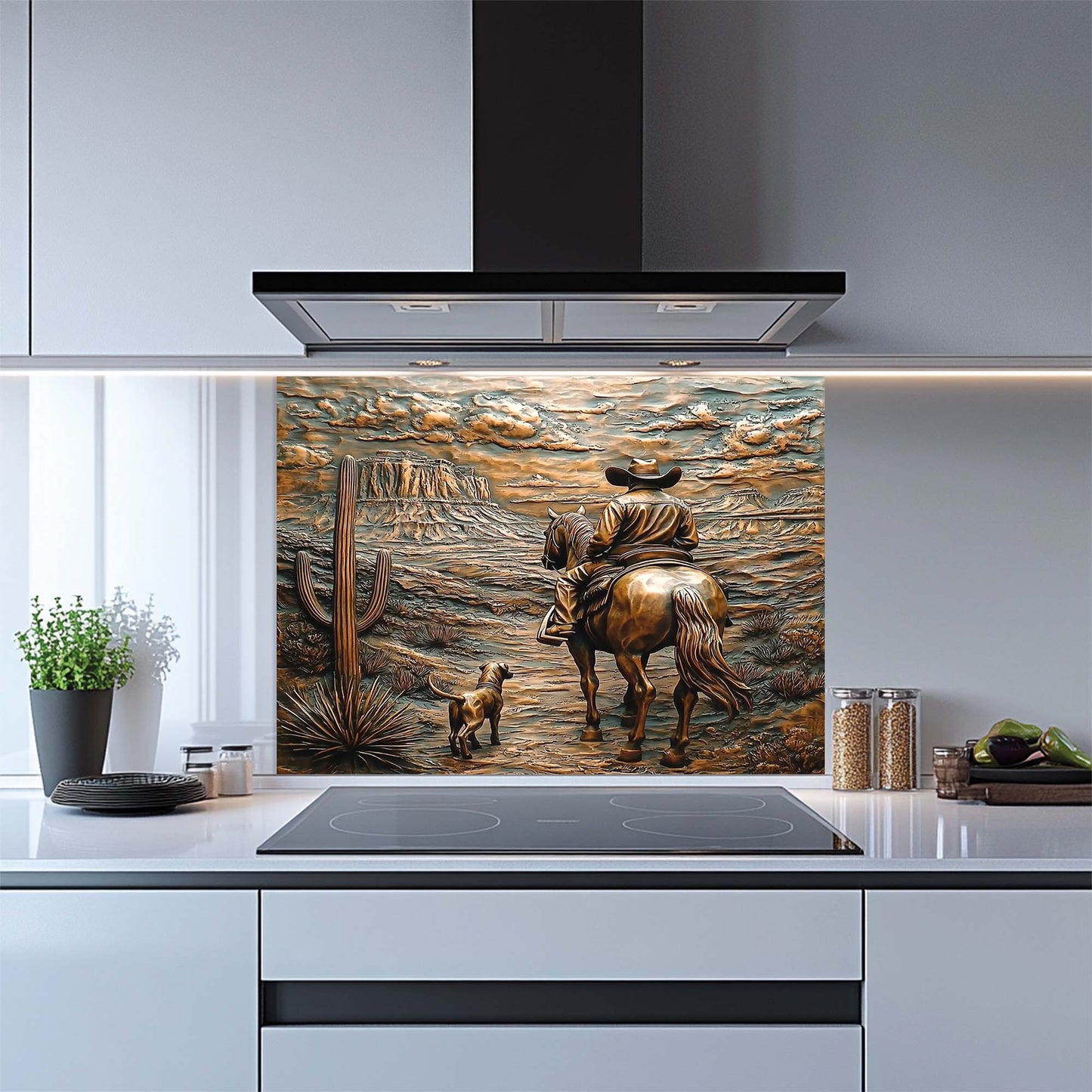 Desert Gaze – Tempered Glass Backsplash with Cowboy, Dog, and Canyon View