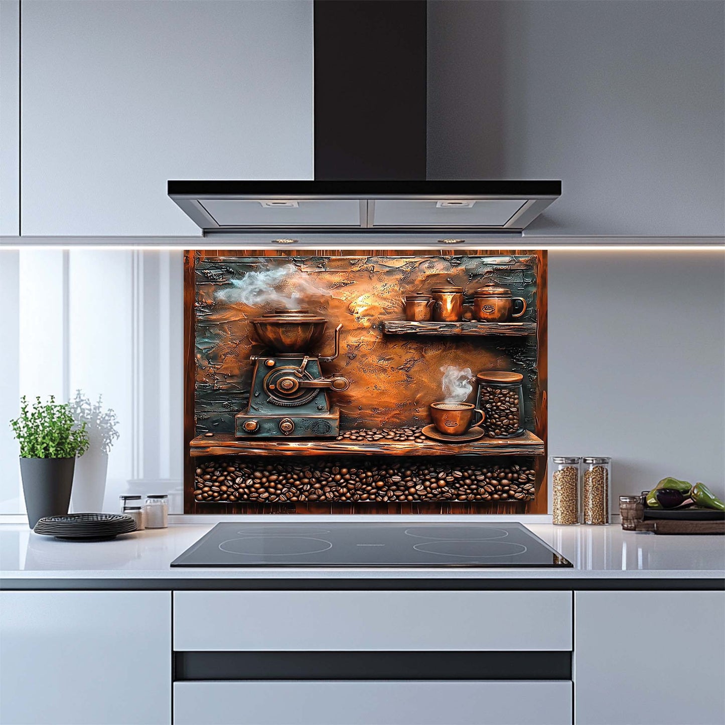 Brew & Beans – Tempered Glass Backsplash for Kitchen | Coffee Grinder Stove Backsplash