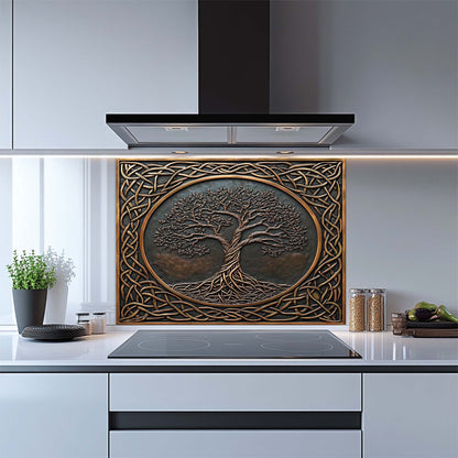 Timeless Root – Tempered Glass Backsplash for Stove | Tree of Life Copper Look Backsplash