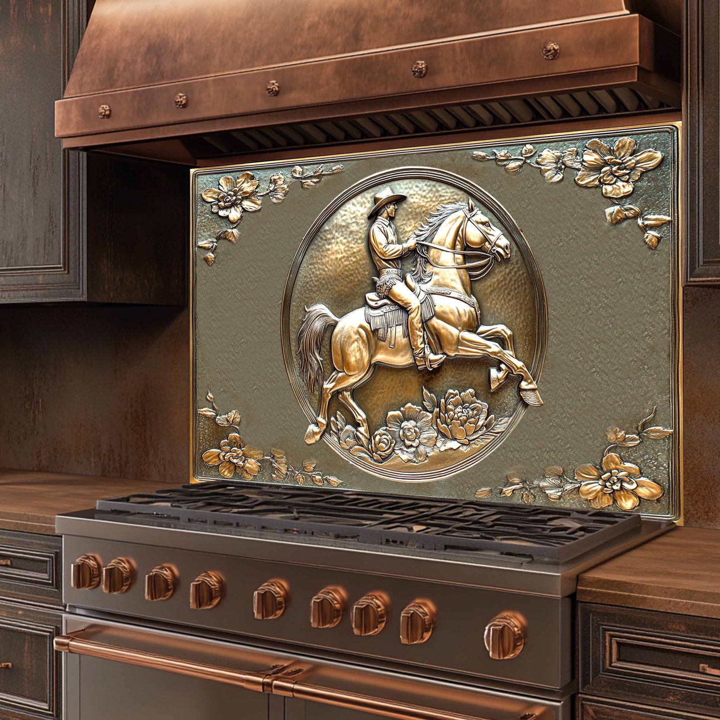 Copper Rider Tempered Glass Backsplash – Western Cowboy Kitchen Stove Backsplash