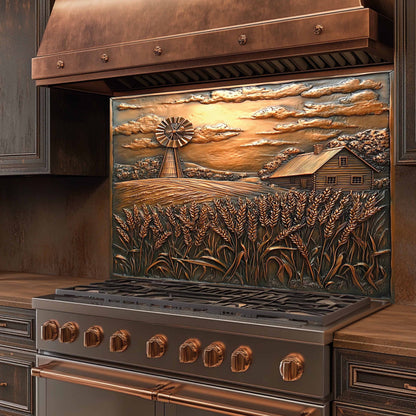 Golden Harvest Tempered Glass Backsplash – Copper Look Farmhouse Scene for Rustic Kitchen Backsplash
