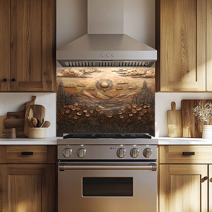 Sunlit Meadow Tempered Glass Backsplash – Floral Mountain Kitchen Backsplash Panel