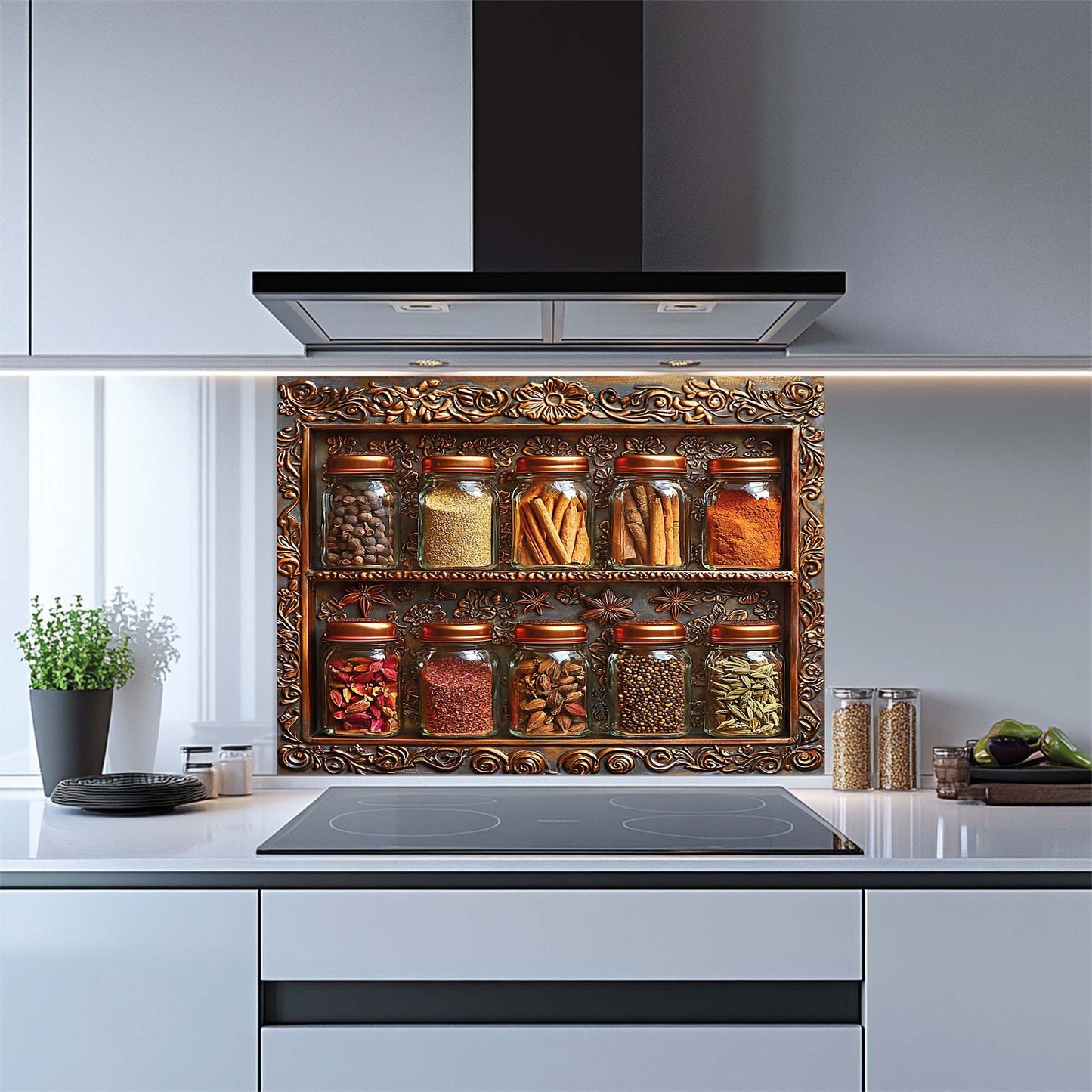 Spice Frame – Tempered Glass Backsplash for Kitchen | Copper Look Spice Jar Backsplash