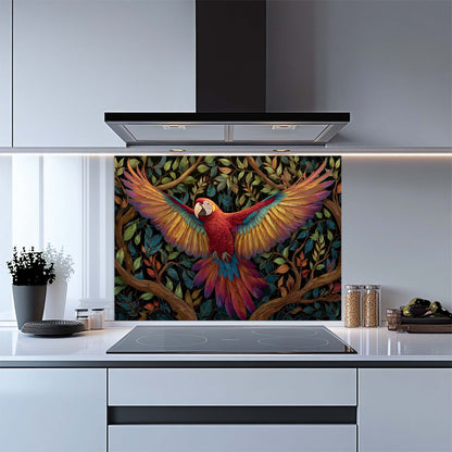 Crimson Wings – Tempered Glass Backsplash for Kitchen Stove | Parrot Jungle Backsplash