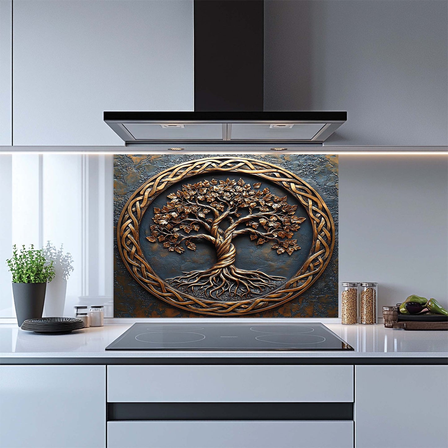 Rooted Soul – Tempered Glass Backsplash for Stove | Tree of Life Copper Look Backsplash