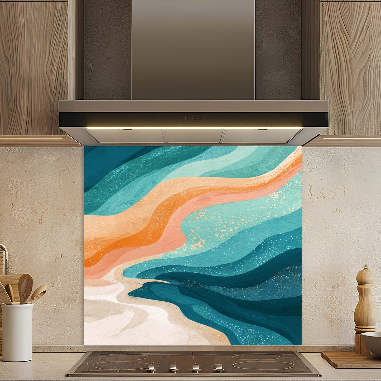 Sunset Tide – Tempered Glass Backsplash for Kitchen – Abstract Ocean Wave Splashback