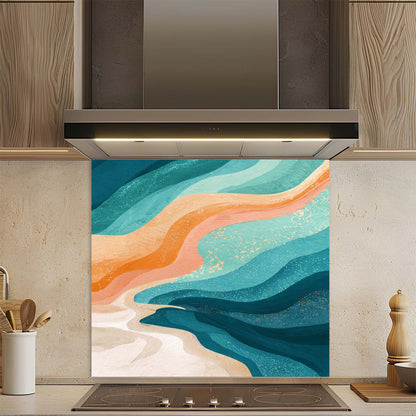 Sunset Tide – Tempered Glass Backsplash for Kitchen – Abstract Ocean Wave Splashback