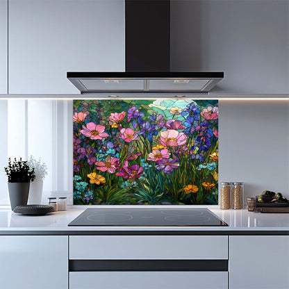 Glass Bloom – Tempered Glass Backsplash for Kitchen Stove | Floral Stained Backsplash