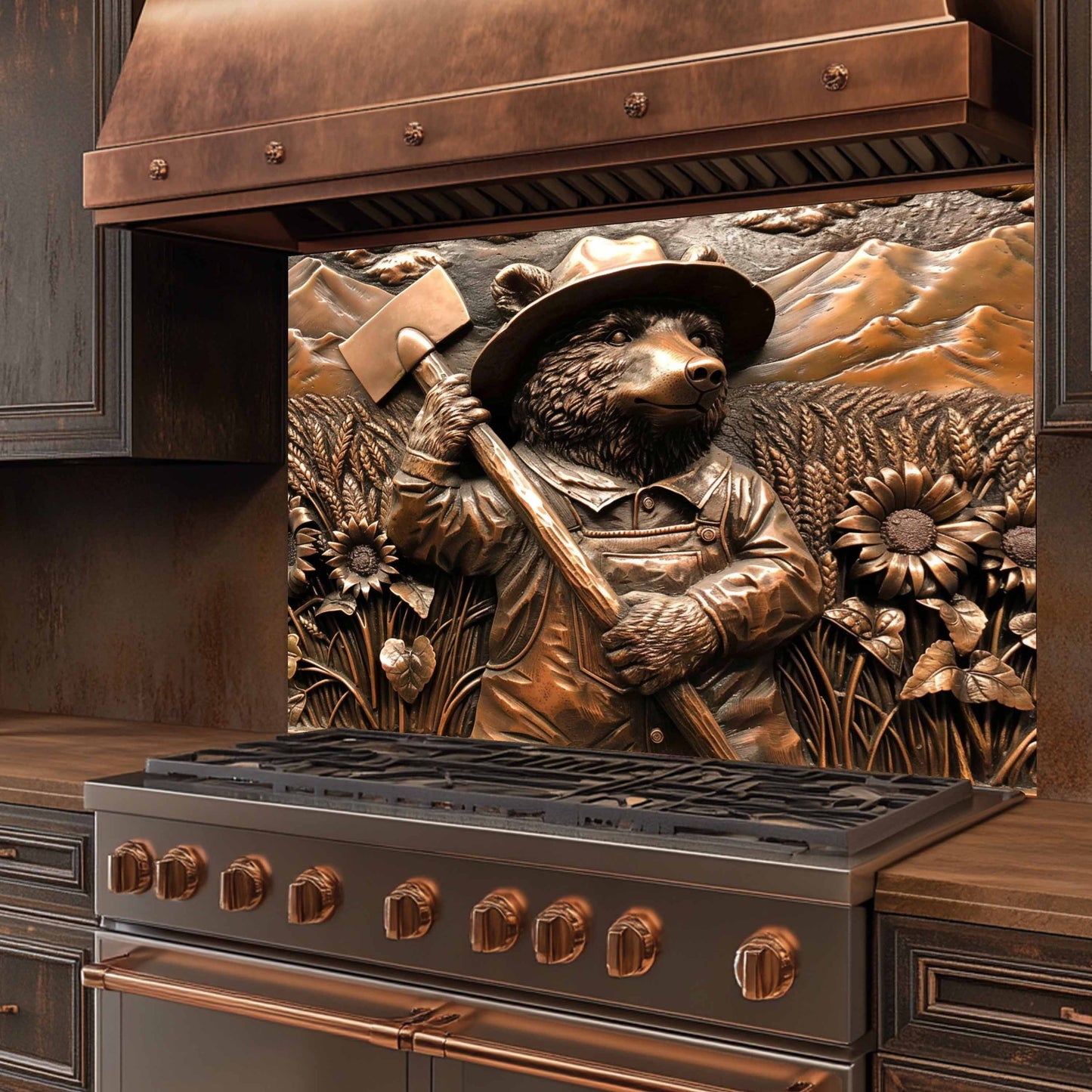 Farmer Bear Tempered Glass Backsplash – Copper Look Backsplash for Rustic Kitchen