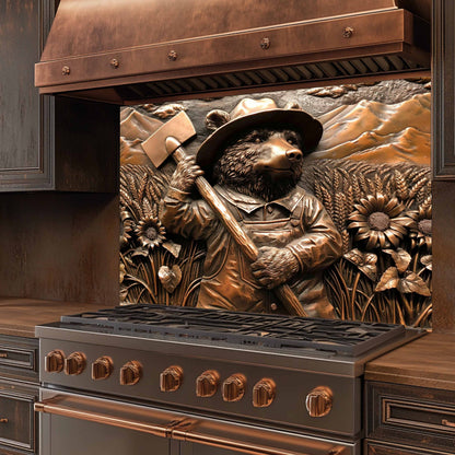 Farmer Bear Tempered Glass Backsplash – Copper Look Backsplash for Rustic Kitchen