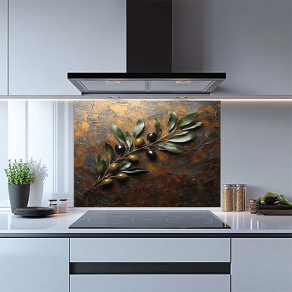 Olive Harmony – Tempered Glass Backsplash for Kitchen Stove | Rustic Olive Branch Backsplash