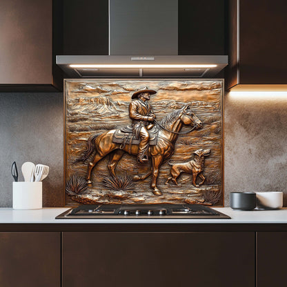 Copper Look Cowboy Tempered Glass Backsplash – Western Kitchen Backsplash for Stove