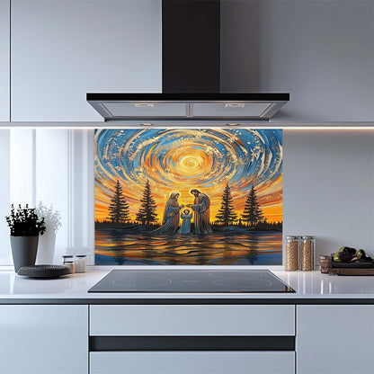 Divine Harmony – Tempered Glass Backsplash for Kitchen Stove | Holy Family Sunset Scene