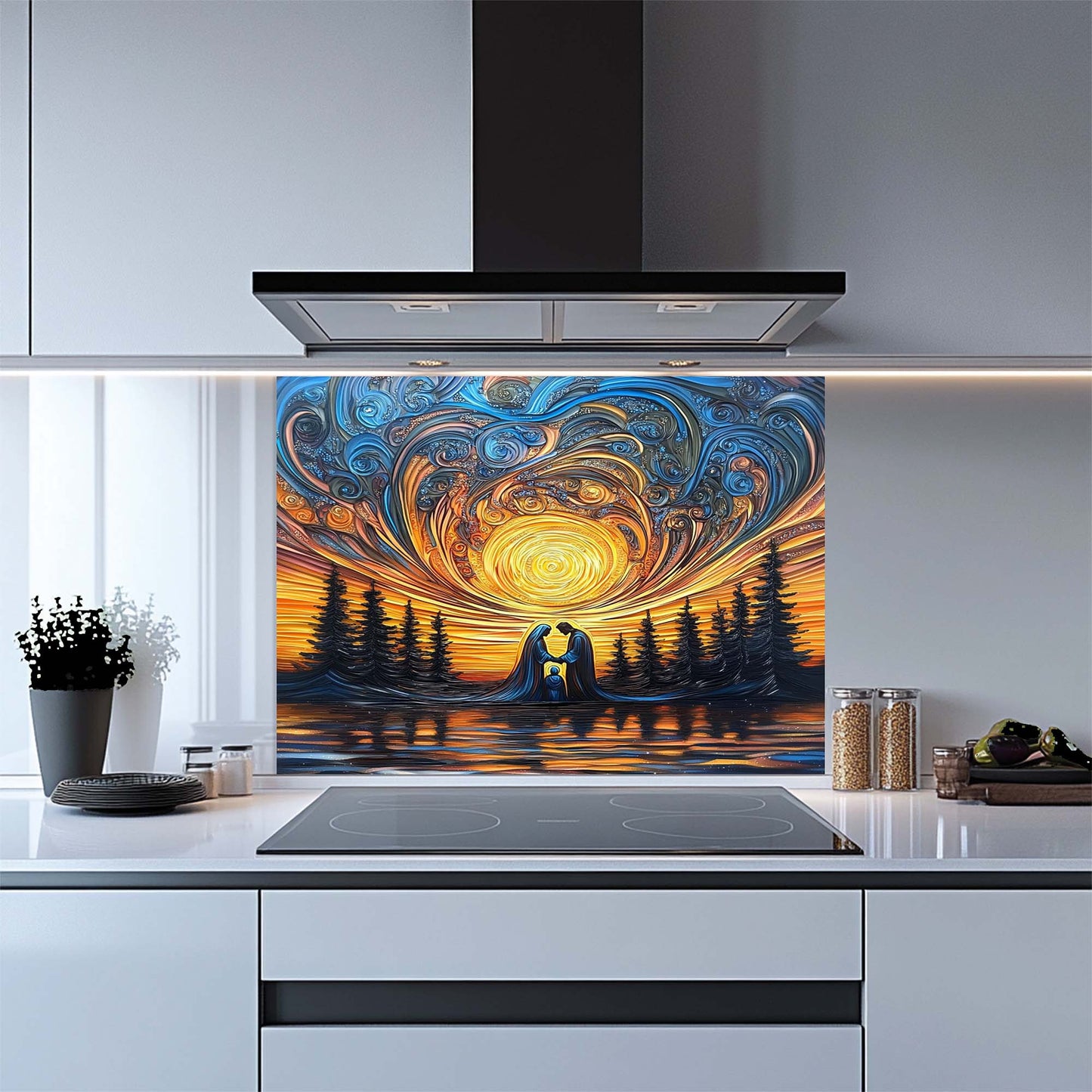 Sacred Light – Tempered Glass Backsplash for Kitchen Stove | Holy Family Sunset Backsplash
