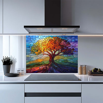 Stained Glass Look Tree of Seasons Backsplash – Tempered Glass Backsplash for Kitchen