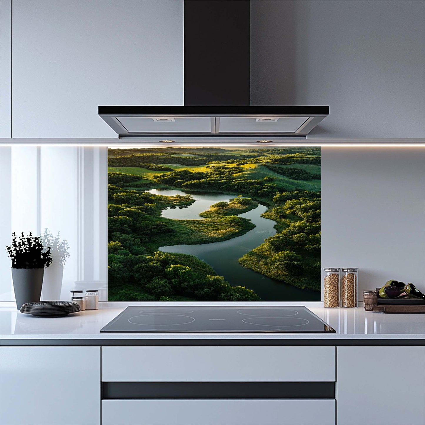 Emerald Flow – Tempered Glass Backsplash for Kitchen | Serene River Landscape Backsplash
