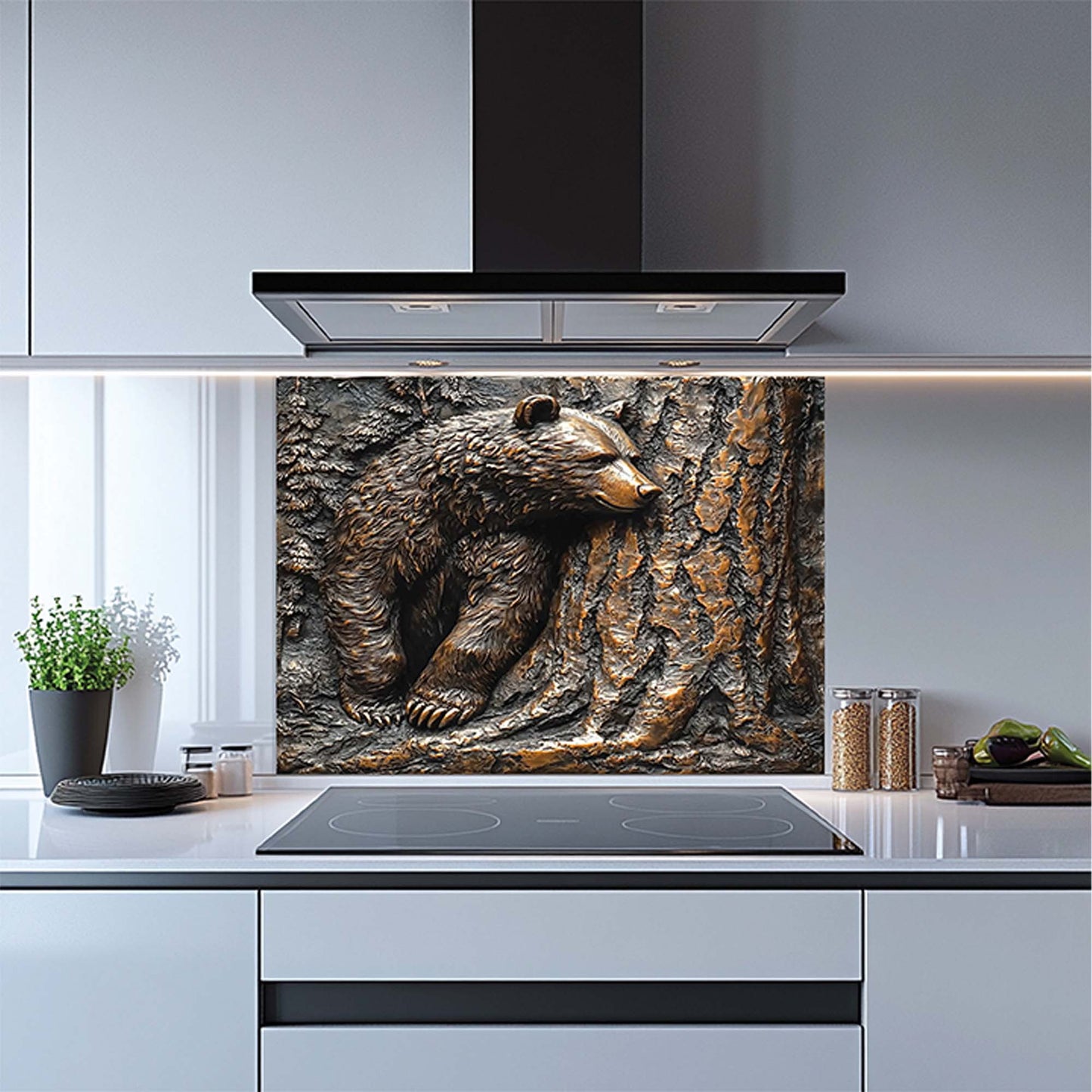 Pine Hide – Tempered Glass Backsplash for Kitchen Stove | Copper Look Bear & Tree Design