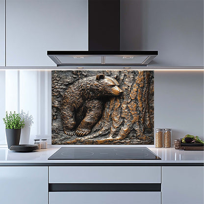 Pine Hide – Tempered Glass Backsplash for Kitchen Stove | Copper Look Bear & Tree Design
