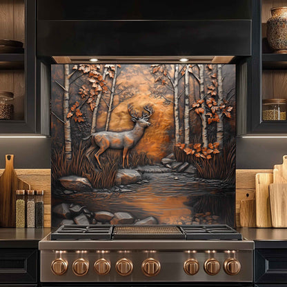 Autumn Stag Tempered Glass Backsplash – Deer in Forest Kitchen Splashback