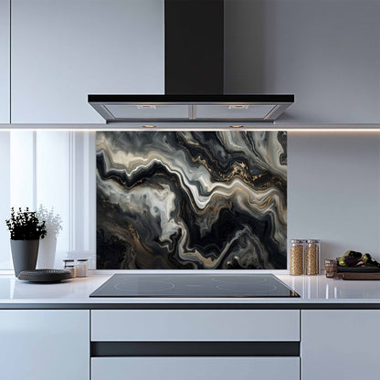 Glass Kitchen Backsplash – Black Gold Marble Flow Abstract Splashback