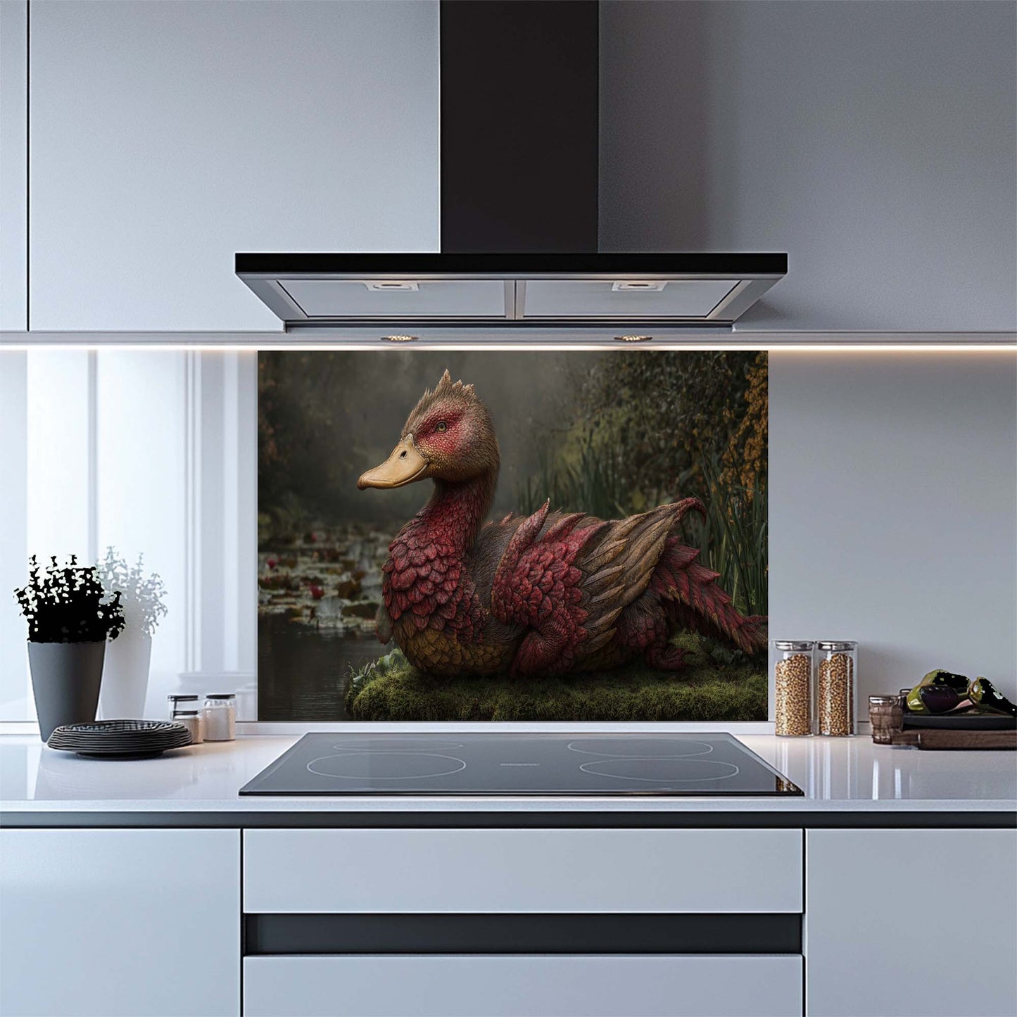 Dragonbill – Tempered Glass Backsplash for Kitchen | Mythical Duck-Dragon Backsplash