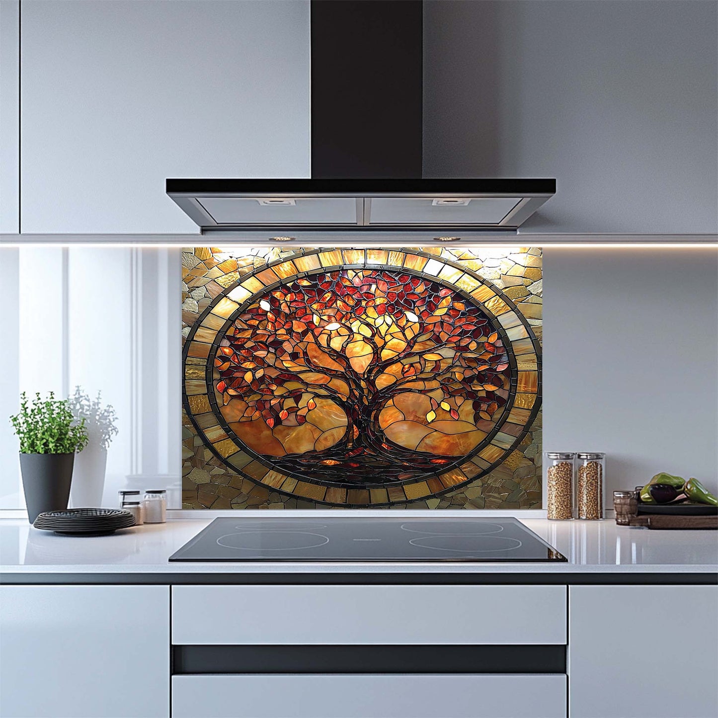 Amber Radiance – Tempered Glass Backsplash for Stove | Tree of Life Mosaic Style Backsplash