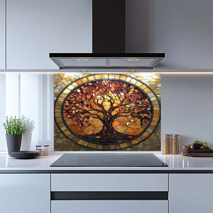 Amber Radiance – Tempered Glass Backsplash for Stove | Tree of Life Mosaic Style Backsplash