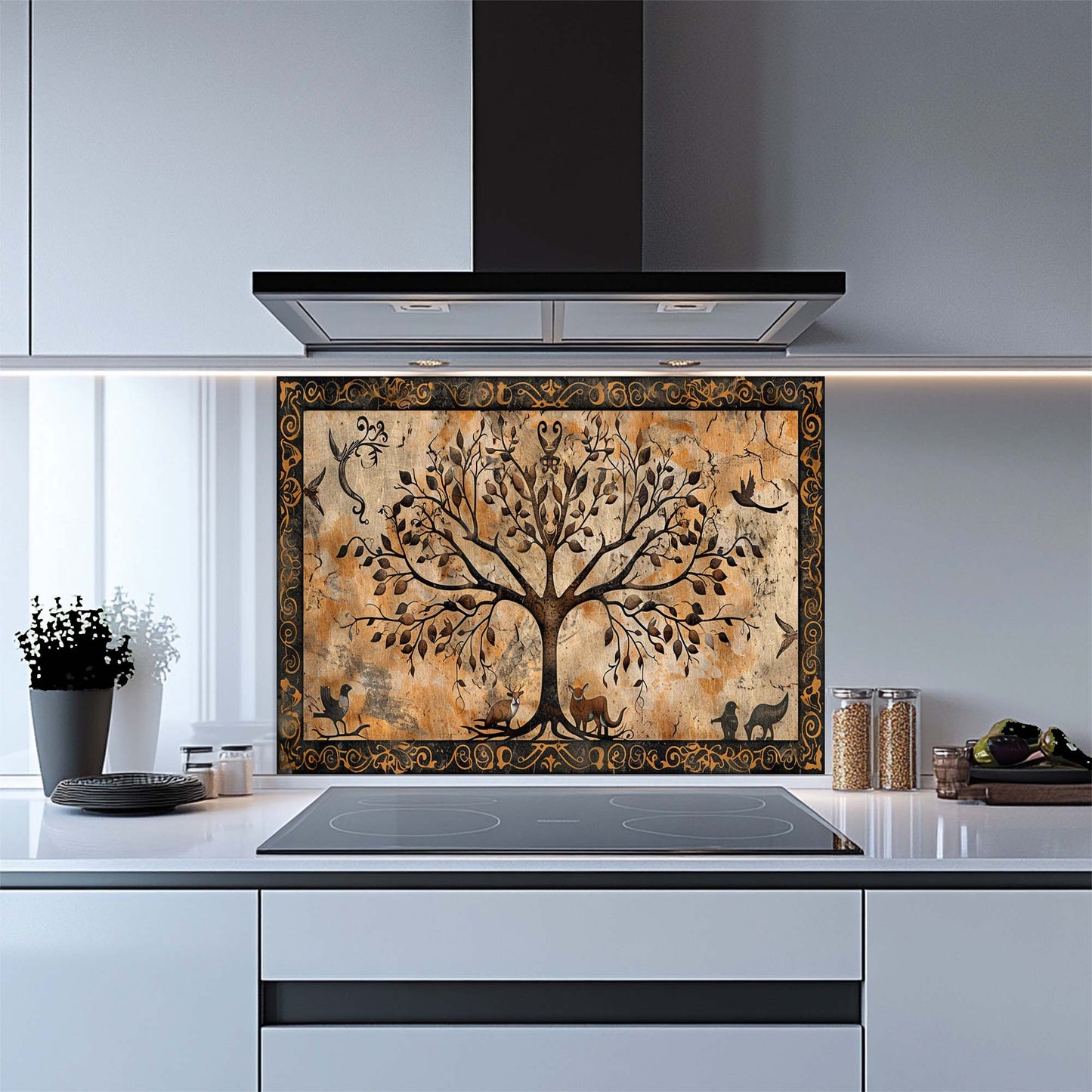Golden Paws – Tempered Glass Backsplash for Kitchen | Tree of Life with Animals Backsplash