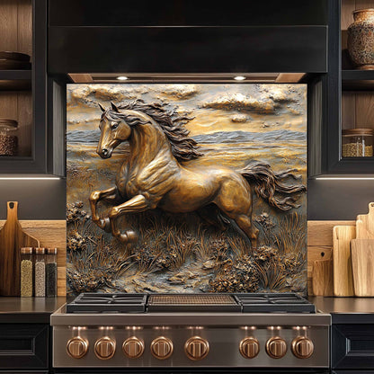 Copper Look Horse Tempered Glass Backsplash – Rustic Kitchen Back splash for Stove